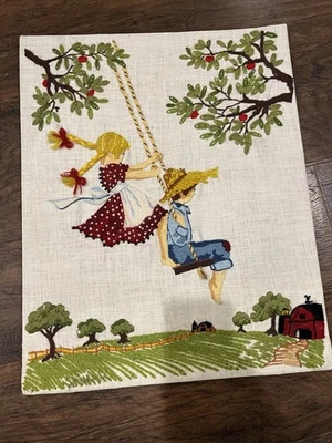 Vintage Folk Art Embroidery Needlepoint Framed Farm Art Tree Swing - Image 1 of 4