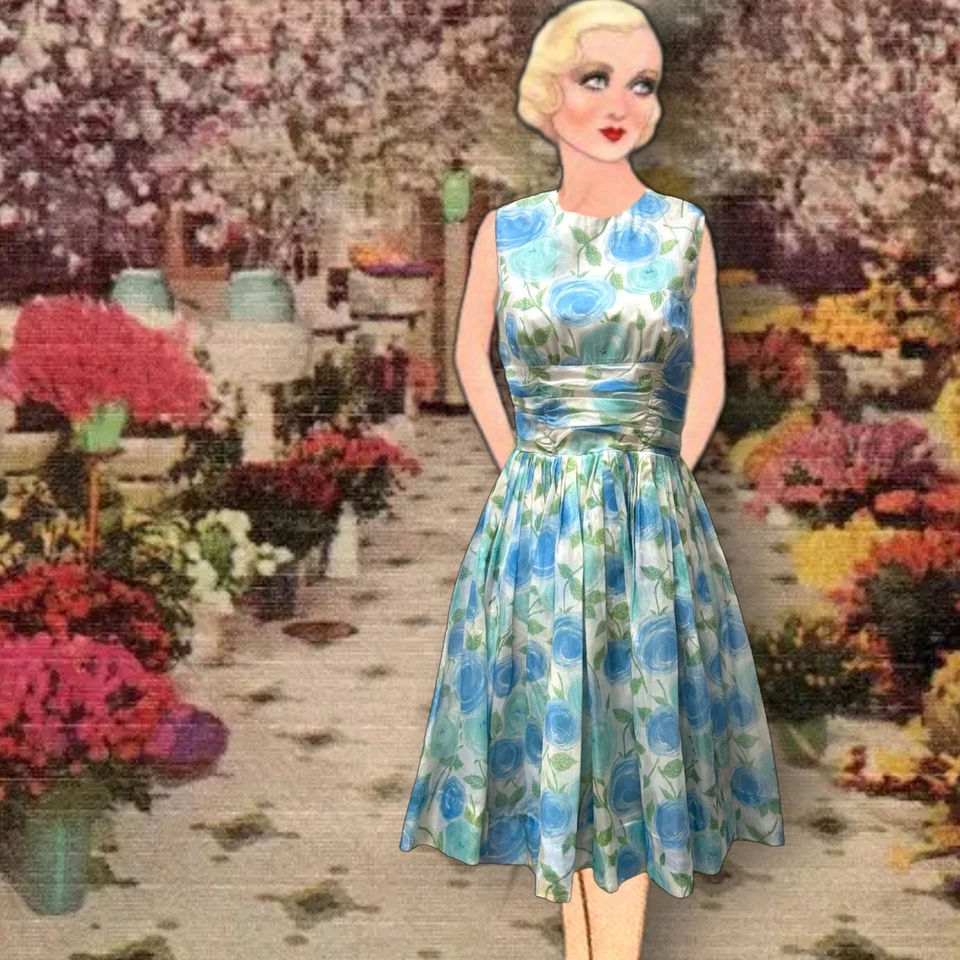 1950s Blue Rose Chiffon Party Tea Dress XS 24” Waist Full Skirt USA Floral VNTG - Image 1 of 4