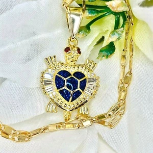 14K Gold Plated Blue Turtle Pendant With Chain 20" Collar Tortuga #114 - Picture 1 of 5