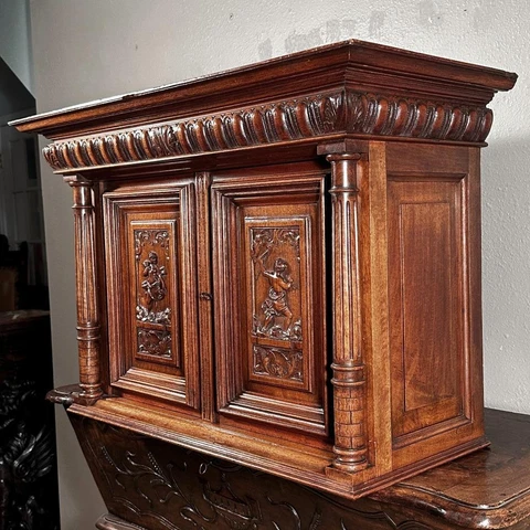 French Antique Walnut Wall/Key Cabinet with Greek Mythical Figures Cover