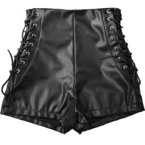 Lady Faux Leather Shorts Hot Pants Lace Up High Waist Booty Punk Rock Sexy Mini - Picture 1 of 12