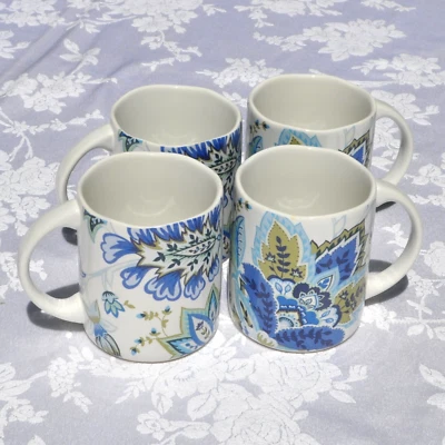 222 Fifth Mirabelle 4 Mugs 10oz Blues & White Floral Scalloped Edge Porcelain - Image 1 of 4