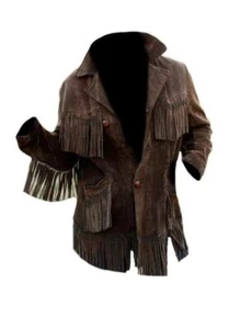 Men Western Cowboy Suede Fringe Jacket Beaded Native American Leather Jacket - Picture 1 of 3