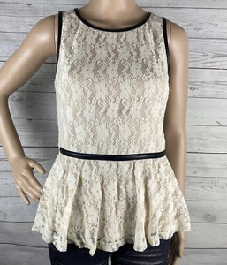 Speechless Cottagecore Lace Peplum Shirt Medium Ivory Black Vinyl Trim Open Back - Picture 1 of 12