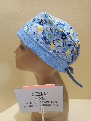 Daisies Blue & Yellow Pixie Skull Women's Surgical Scrub Hat/Cap Handmade - Image 1 of 4