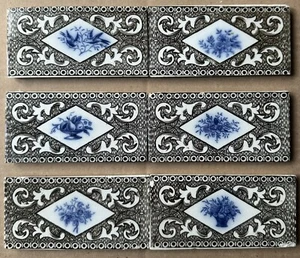 6 ANTIQUE TRANSFER EUROPEAN - MAJOLICA BORDER TILES c1900 (4.8x2.4 Inches) - Picture 1 of 6