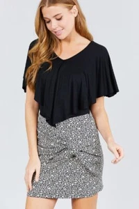 Top tejido spandex rayón capa volantes cuello en V negro para jóvenes - Imagen 1 de 5