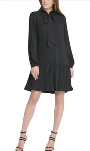 DKNY Womens Black Pleated Long Sleeve Tie Neck Short Shift Dress 4 - Picture 1 of 4