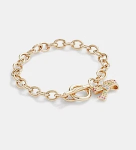 ๐ผ๐ฆ Coach CG077 ๐ผ๐ฆ Bow Pave Chain Link Bracelet Gold Charm ๐ผ D130 - Picture 1 of 7