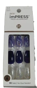 NEW Kiss Nails Impress Press On Manicure Medium Gel Coffin Blue Marble Silver - Picture 1 of 2