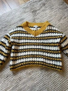 Women’s Striped Chunky Knit Cropped Jumper Topshop Yellow White 8 10 Preppy - Picture 1 of 5