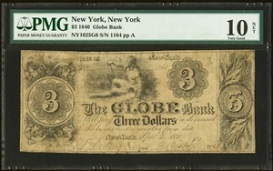 1840 - New York, NY - The Globe Bank $3 - PMG 10 - RARELY OFFERED - Picture 1 of 2