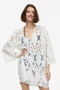 H&M EMBROIDERED DRESS LACE BRODERIE ANGLAISE KAFTAN BEACH WHITE M MEDIUM 10 6 38 - Picture 1 of 6