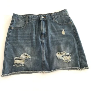 Wax Jean Denim A-Line Mini Skirt Distressed Raw Hem Cotton Pockets Sz L Blue EUC - Picture 1 of 9