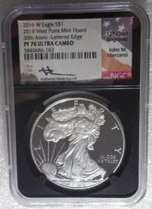 2016-W lett.edge silver eagle NGC PF70mercanti signed fr.2019 W.Point Mint hoard - Picture 1 of 2