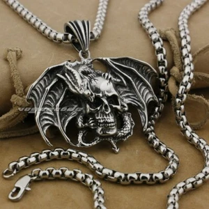 Huge Heavy Stainless Steel Dragon Skull Pendant Punk Jewelry 4T034A Chain 24" BZ - Picture 1 of 9