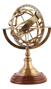 Astrolabe Antique Armillary Brass Desktop Globe Sphere Wooden Base Vintage Gift - Picture 1 of 8