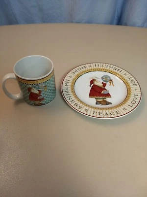 Nuevo par de platos y tazas de Navidad de gres Debbie Mumm "Joy to the World"  Foto 1 de 4