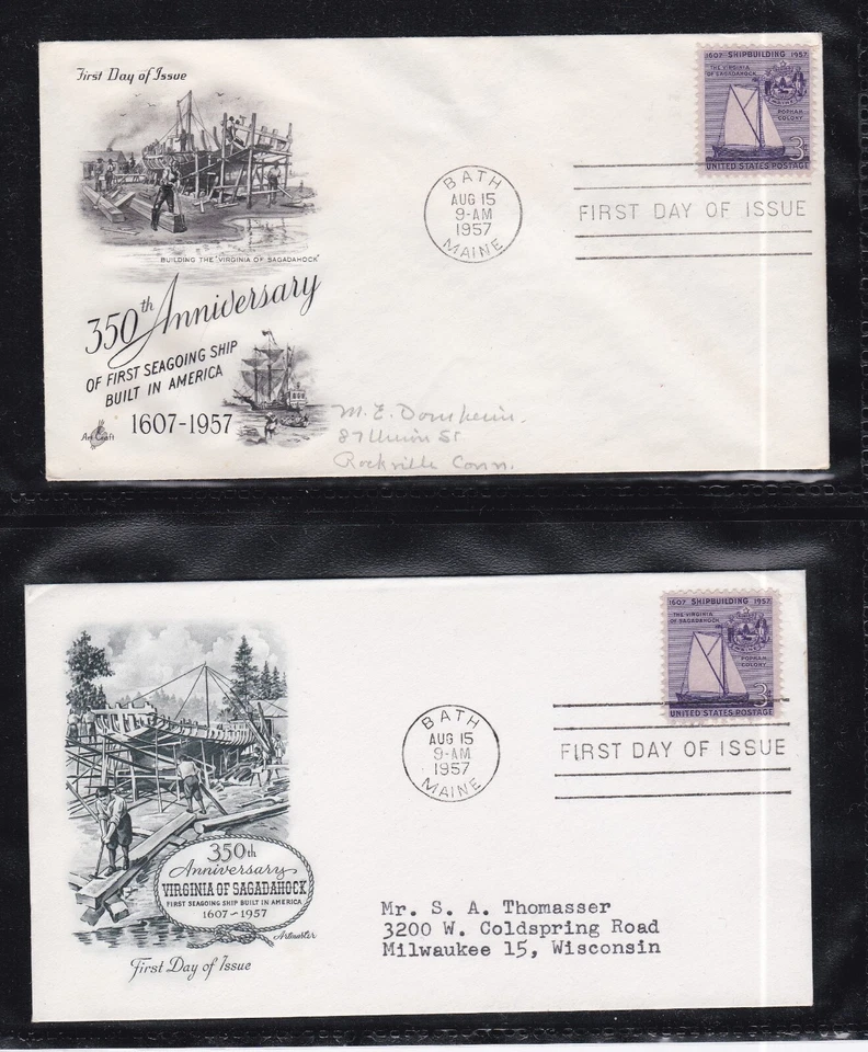 USA 1957 2 FIRST DAY COVERS 350th ANNIV OF SHIP BUILDING IN AMERICA + CACHET - Image 1 of 1