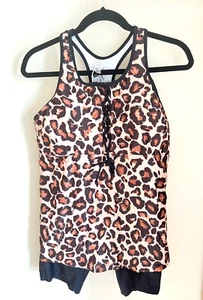 TANKINI SWIMSUIT LEOPARD PRINT: TOP WITH U-SHAPED NECKLINE ON LACING + SHORTS M - Picture 1 of 4