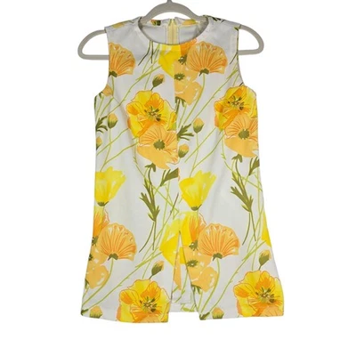 Vestido recto True Vintage años 60 hecho a mano para mujer XS-S amarillo floral mini túnica de polietileno Foto 1 de 4