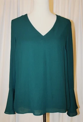 Banana Republic SMALL green chiffon long bell sleeve blouse v-neck - Image 1 of 4