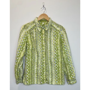 Sigrid Olsen 100% Linen Long Sleeve Button Up Top Sz L Green Abstract Country - Picture 1 of 8
