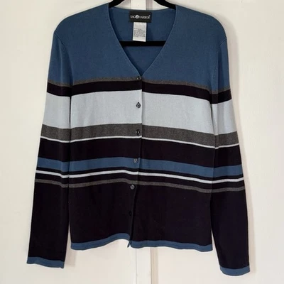 Cárdigan tejido para mujer Sag Harbor rayas azules manga larga 100 % algodón talla M Foto 1 de 4