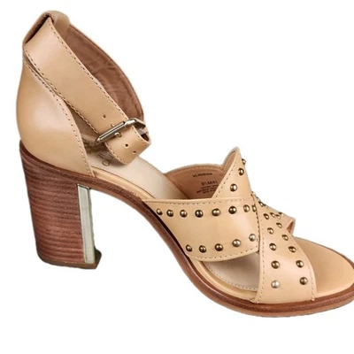 Vince Camuto Sandals 9.5M Tan Beige Leather Studded Ankle Strap Block Heel - Image 1 of 4