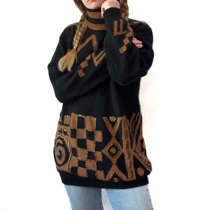 IB DIFFUSIONS Black & Brown Silk Blend Beaded Turtleneck Sweater Small - Picture 1 of 8