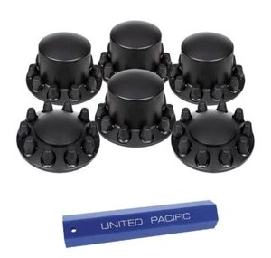 Set Black Semi Truck Front & Rear Axle Covers w/ Standard Hubcaps 33mm Lug Nuts - Picture 1 of 7