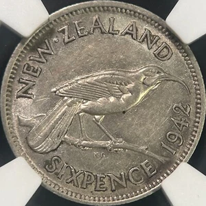 NEW ZEALAND. 1942, 6 Pence, Silver - NGC AU55 - KGVI, Huia Bird, Key Date - Picture 1 of 6
