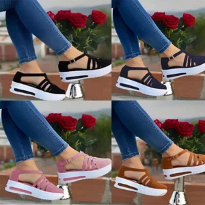 Sandalias de tacón de cuña para mujer plataforma tobillo cinta redonda hebilla cerrada verano - Imagen 1 de 9