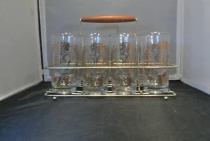 MCM Set of 8 50th Anniversary Gold Rim & Design w/ Caddy Drinking Glasses - Picture 1 of 3
