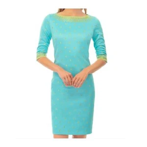 Gretchen Scott Rocket Girl Dress Turquoise/Gold Jersey Embroidered Dress Small - Picture 1 of 8