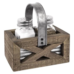 Autumn Alley Rustic Farmhouse salt and pepper caddy set with galvanized accent - Picture 1 of 8