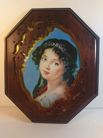 Vtg Picture  Faux Wood Resin Metal Matt Gypsy Girl Octagonal 8 " by 6.5" wide Cover