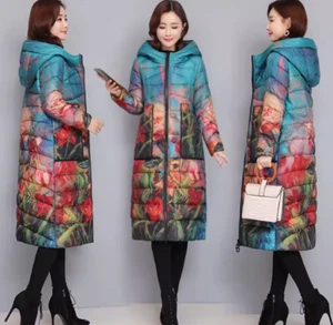 Mujer Invierno Slim Algodón Parka Plumón Chaqueta Con Capucha Cálida Floral Elegante Abrigo Largo - Imagen 1 de 13