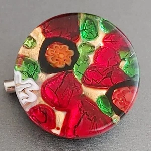 Vetro di Murano Glass Pin Round Abstract Foil Red Green Gold Christmas 7/8” - Picture 1 of 5