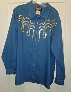 Top Bob Mackie Usable Arte Azul Estilo Western Botones XL - Imagen 1 de 8