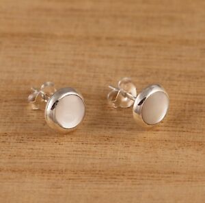Solid 925 Sterling Silver Mother of Pearl 8mm Round Stud Earrings Gift Boxed