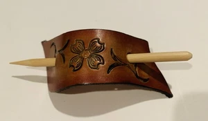 Leder verzierte Haarspange Stick Slide Vintage 70’s Dutt Boho - Bild 1 von 2