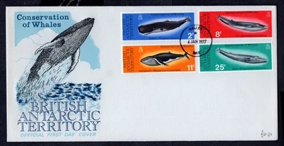 Territorio Antártico Británico - 1977 Conservación de Ballenas Halley Primer Día Cubierta Foto 1 de 2