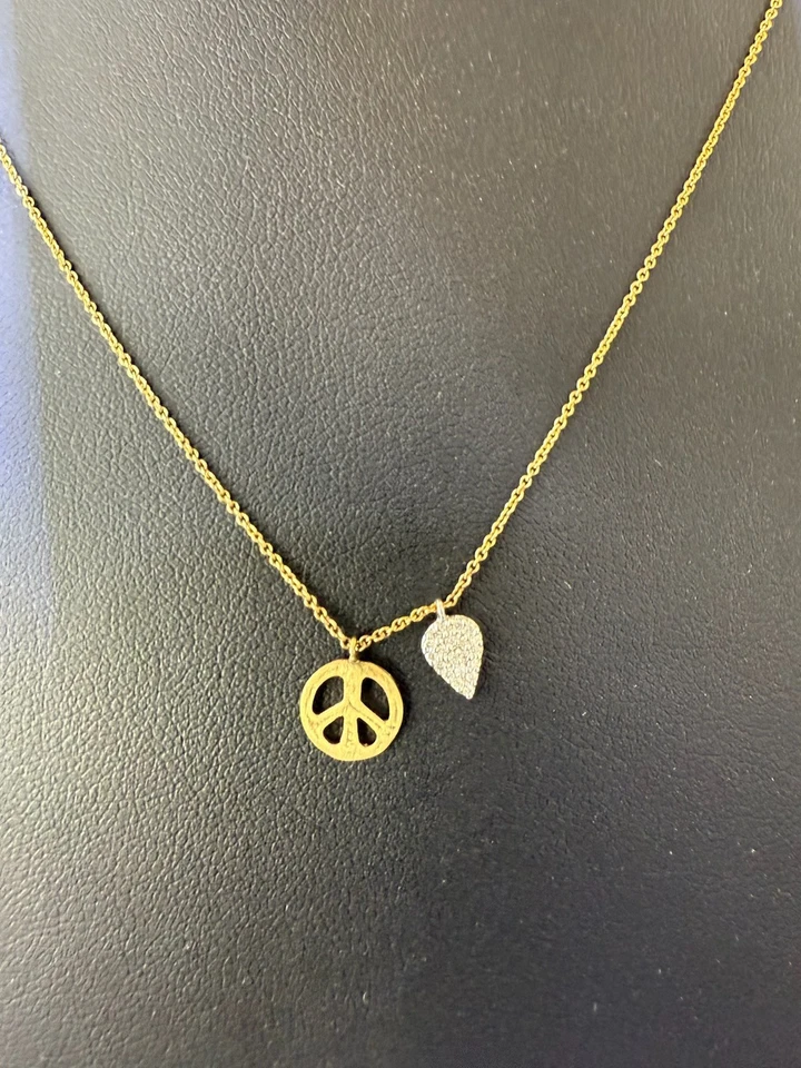 14 k Yellow Gold Meira T Peace Sign Necklace with Paved Diamond Leaf .08 carats - Image 1 of 1