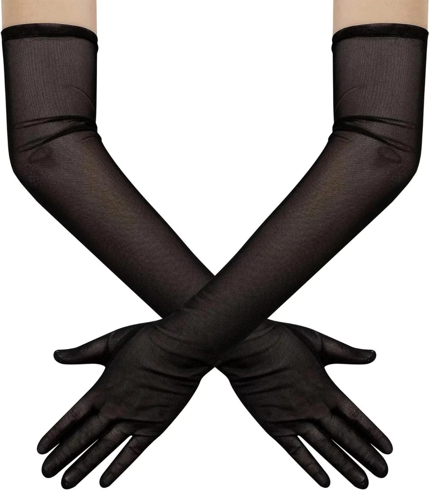 Hazhlko Mujer Largo Elástico Malla Tul Transparente Guantes Disfraz Boda Negro  Foto 1 de 4