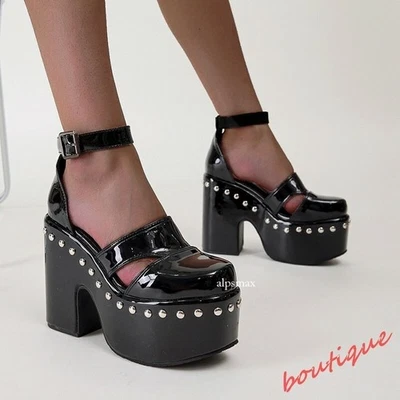 Women Patent Leather Block Heel Studs gOTHIC Platform Shoes Ankle Strap Sandals - Image 1 of 4