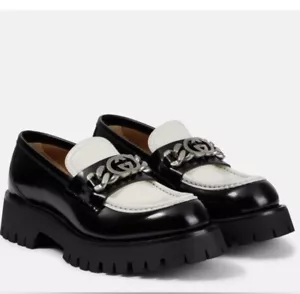 Gucci Maxi Black & White Slip On Chunky Loafer With Interlocking ‘G’ Chain, Sz 8 - Picture 1 of 10