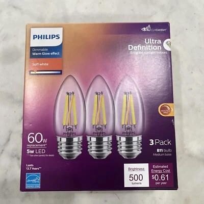 NEW 3-Pack Philips B11 60W 500 Lumens Soft White Warm Glow Medium Base Bulbs - Image 1 of 2