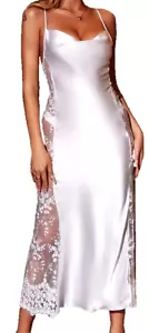 ELEGANT SUMPTUOUS WHITE LIQUID SATIN MEGA-LACY LONG NIGHTGOWN L XL NWT - Picture 1 of 3