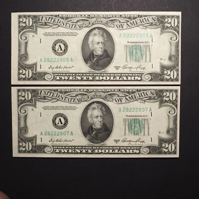 2 ПОДРЯД 1950 A $20 БОСТОН ФЕДЕРАЛЬНЫЙ РЕЗЕРВ БАНКНОТЫ - БЕСПЛАТНАЯ ДОСТАВКА! S3811 - Изображение 1 из 2